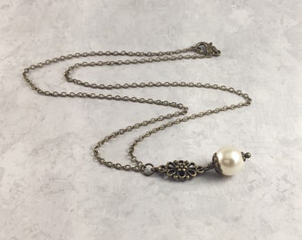 Ivory Pearl Coquette Aesthetic Necklace with Antiqued Brass