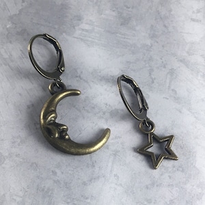 Mismatched Crescent Moon and Star Whimsigoth Earrings with Antiqued Brass