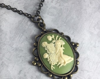 Olive Green and Ivory Cameo Fairycore Necklace with Antiqued Brass