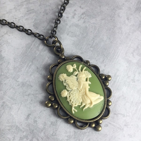 Olive Green and Ivory Cameo Fairycore Necklace with Antiqued Brass