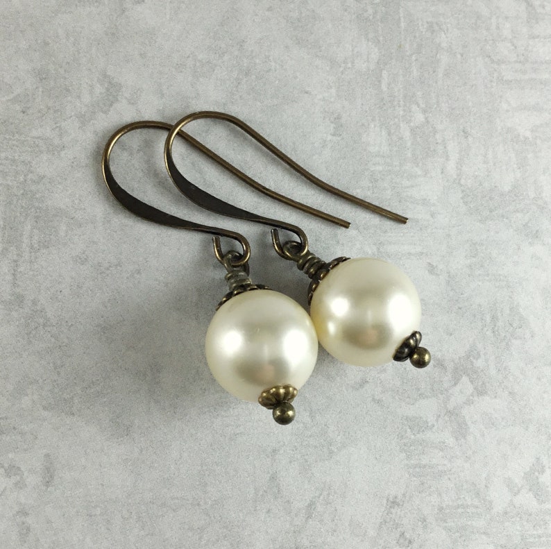 Ivory Pearl Cottagecore Earrings with Antiqued Brass image 3