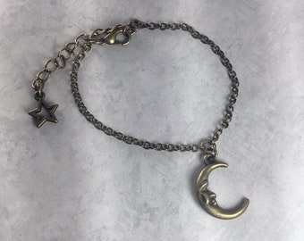 Crescent Moon Whimsigoth Bracelet with Antiqued Brass