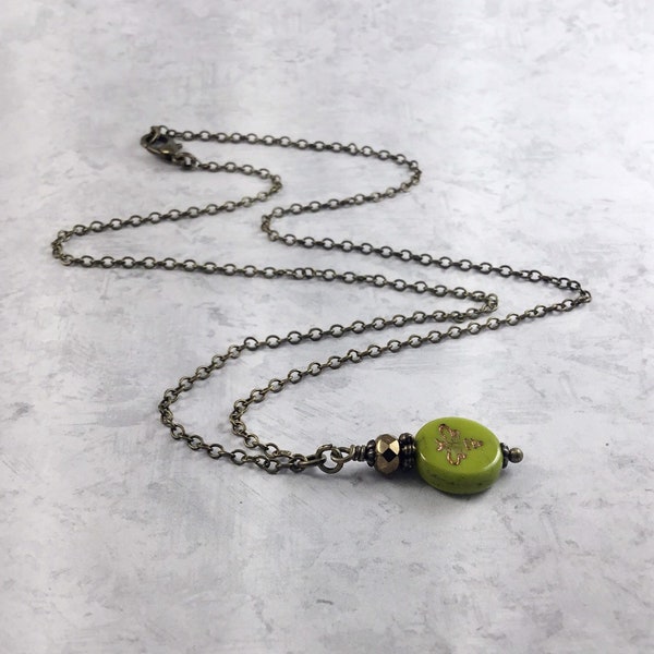 Olive Green Bee Goblincore Necklace with Antiqued Brass