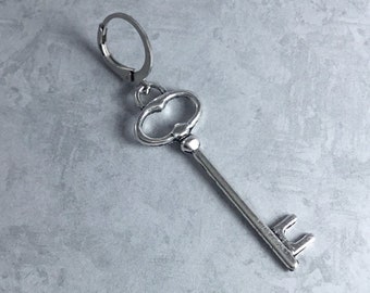 Single Skeleton Key Dark Academia Earring with Antiqued Silver