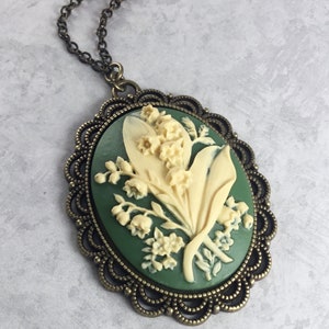 Green and Ivory Lily of the Valley Cameo Cottagecore Necklace with Antiqued Brass