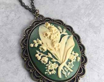 Green and Ivory Lily of the Valley Cameo Cottagecore Necklace with Antiqued Brass