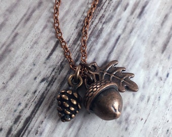 Tiny Acorn Pinecone and Oak Leaf Cottagecore Charm Necklace with Antiqued Copper