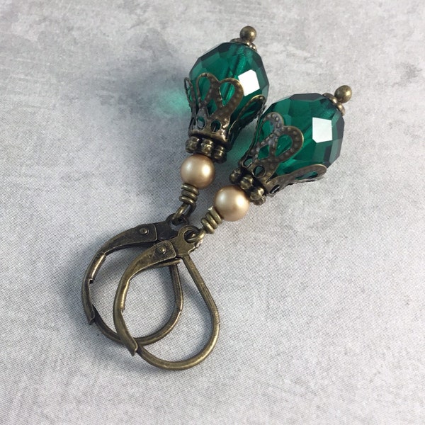 Emerald Green and Champagne Gold Pearl Renaissance Costume Earrings with Antiqued Brass