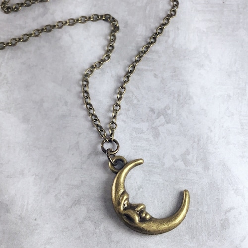 Crescent Moon Whimsigoth Necklace with Antiqued Brass