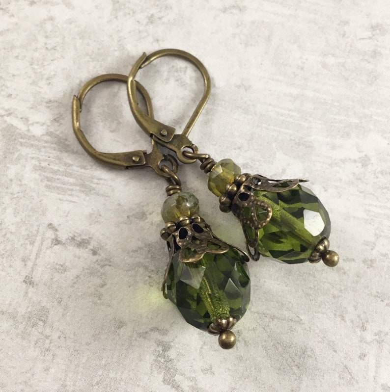 Olive Green Dark Academia Earrings with Antiqued Brass image 5