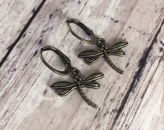 Tiny Dragonfly Goblincore Earrings with Antiqued Brass