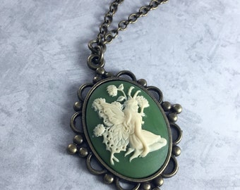 Green and Ivory Cameo Fairycore Necklace with Antiqued Brass