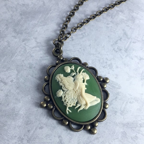 Green and Ivory Cameo Fairycore Necklace with Antiqued Brass