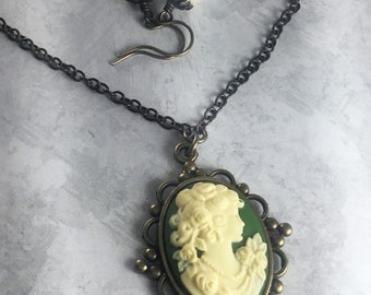 Green and Ivory Cameo Necklace and Ivory Pearl Earring Cottagecore Set with Antiqued Brass