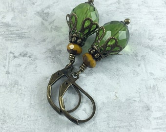 Olive Green and Mustard Yellow Dark Academia Earrings with Antiqued Brass