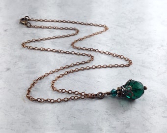 Emerald Green Dark Academia Necklace with Antiqued Copper