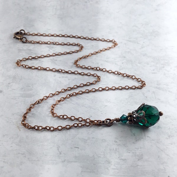 Emerald Green Dark Academia Necklace with Antiqued Copper