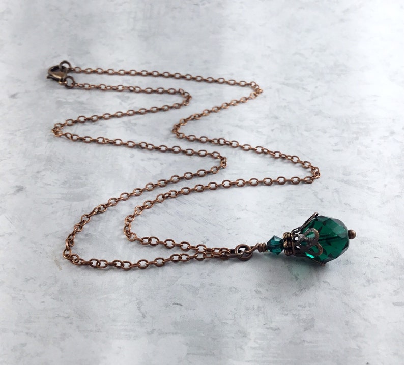 Emerald Green Dark Academia Necklace with Antiqued Copper 