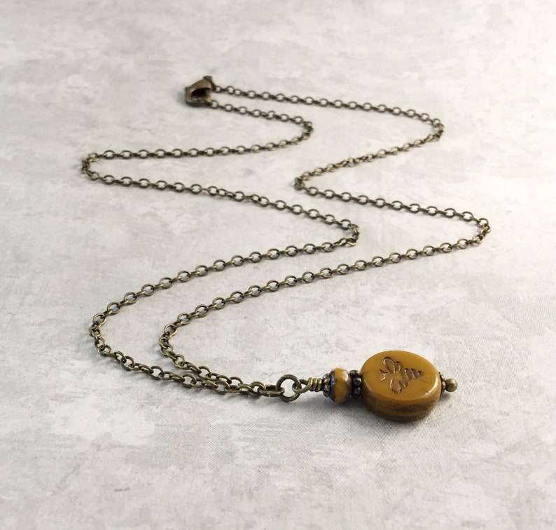 Mustard Yellow Bee Cottagecore Necklace with Antiqued Brass 