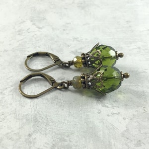 Olive Green Dark Academia Earrings with Antiqued Brass image 3