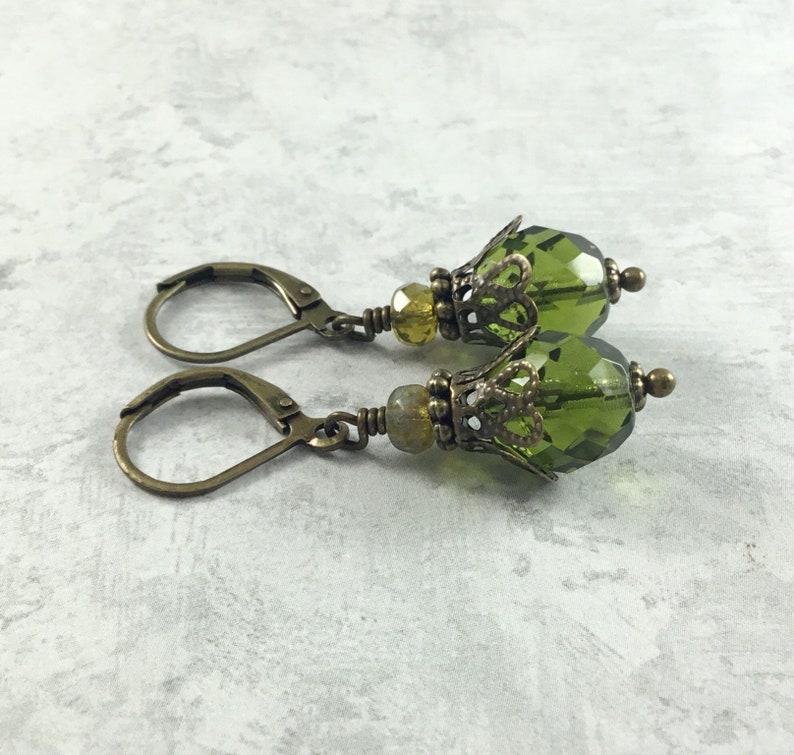 Olive Green Dark Academia Earrings with Antiqued Brass image 3