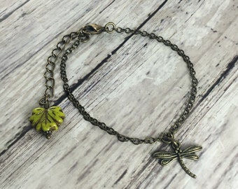 Dragonfly and Leaf Goblincore Bracelet with Antiqued Brass