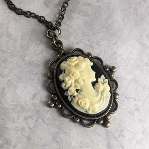 Black and Ivory Cameo Dark Academia Necklace with Antiqued Brass