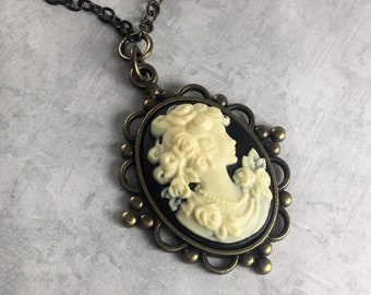 Black and Ivory Cameo Dark Academia Necklace with Antiqued Brass