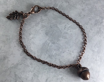 Tiny Acorn Cottagecore Bracelet with Antiqued Copper