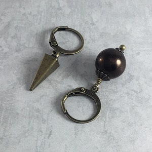 Mismatched Spike and Bronze Dark Academia Earrings with Antiqued Brass