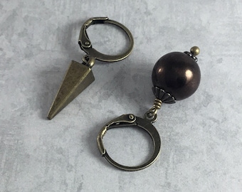 Mismatched Spike and Bronze Dark Academia Earrings with Antiqued Brass