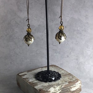 Ivory Pearl and Amber Yellow Whimsigoth Earrings with Antiqued Brass image 4
