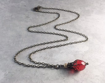 Ruby Red and Champagne Gold Pearl Edwardian Costume Necklace with Antiqued Brass