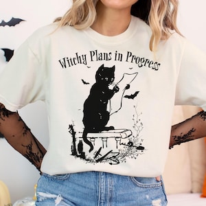 Witchy Cat Comfort Colors Shirt, Halloween Witch Shirt for Women, Spooky Cute Cat Tee, Vintage Magic T-Shirt, Funny Fall Witchcore Gift