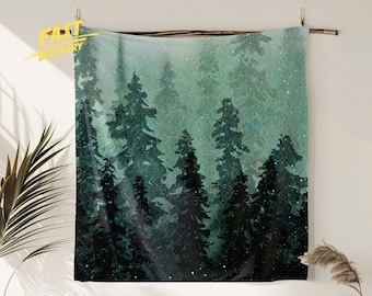 Watercolor Green Forest Tapestry forest tapestry woven tapestry custom tapestry Hanging Tapestry Fir Forest Landscape View Nature Tree