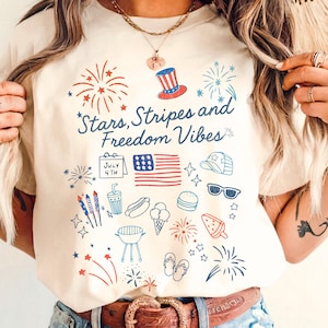 Stars Stripes and Freedom Vibes shirt schattig 4 juli T-shirt retro patriottische zomer BBQ-T-shirt 4 juli vuurwerk shirt voor vrouwen