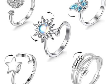 5Pcs Anxiety Ring for Women, Silver Fidget Ring for Teen Girls, Butterfly Moon, and Star Adjustable Ring for Women