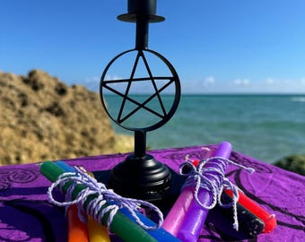Iron Pentacle Candle Holder: Black Altar Candlestick, Witchcraft Decor