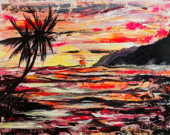 Art mural paysage marin hawaïen peint à la main, peinture acrylique originale sur toile océan abstrait coloré et palmiers CNelsonGallery