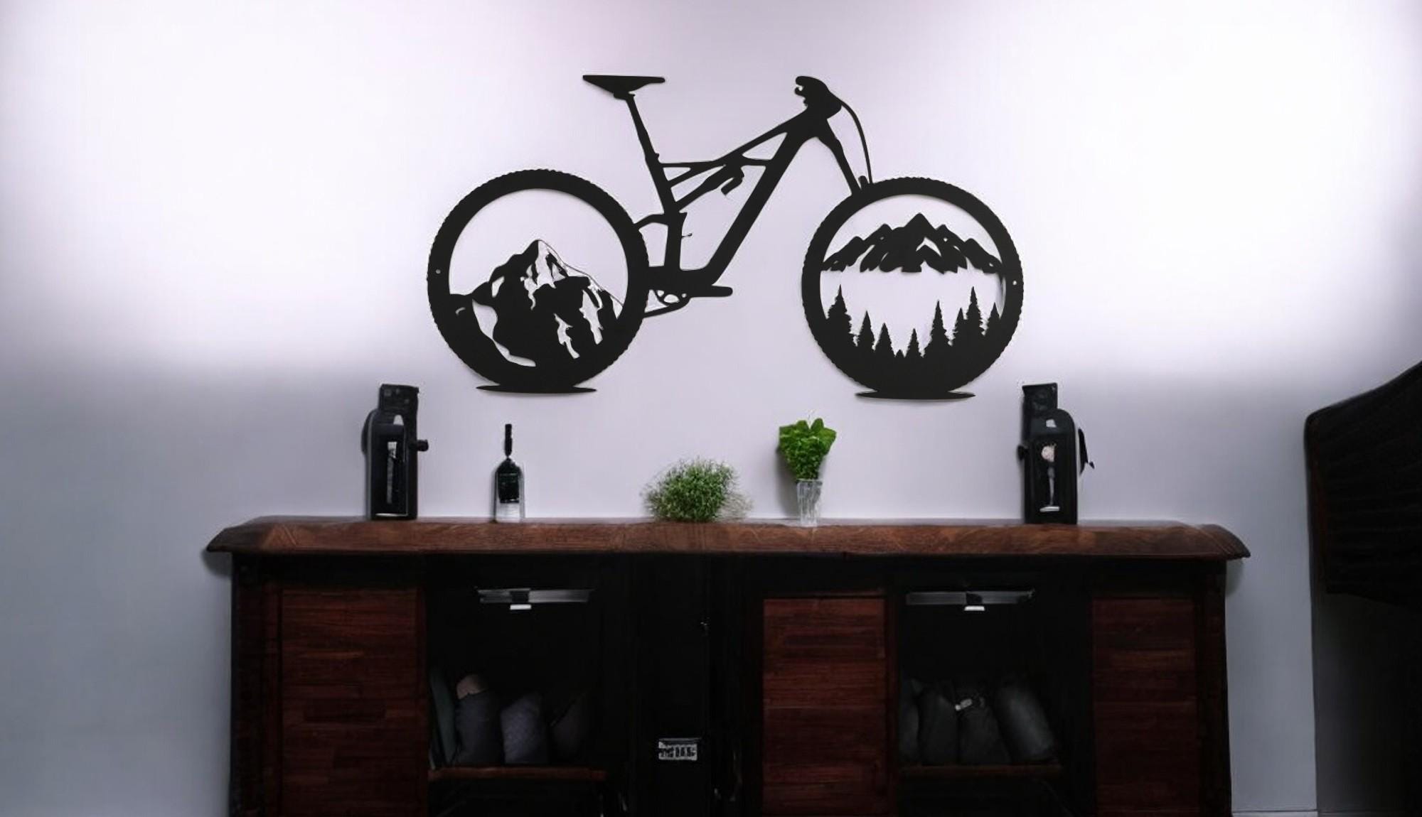 Mountain Bike Metal Wall Art, Bike Decor, Bike and Mountain Wall Art, Cyclist gift idea, Bicycle Wall Art, Forest Wall Art, Home Decor, Bike