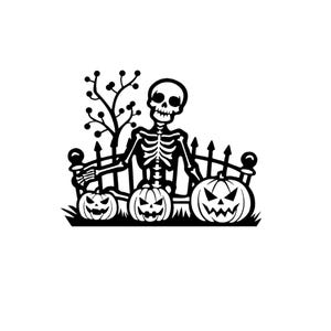 May include: A black and white illustration of a skeleton sitting on a fence with three jack-o'-lanterns. The skeleton is holding a pumpkin in its left hand and has a friendly expression.