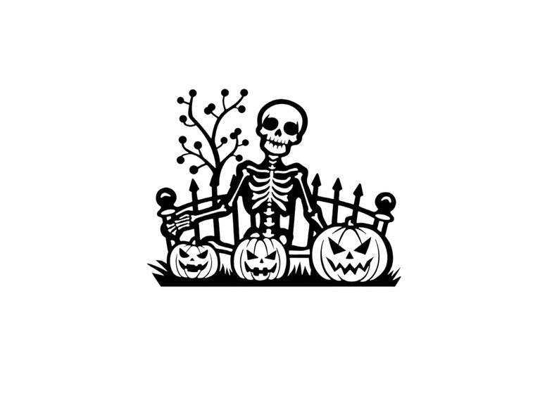 May include: A black and white illustration of a skeleton sitting on a fence with three jack-o'-lanterns. The skeleton is holding a pumpkin in its left hand and has a friendly expression.