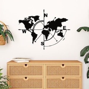 Boussole carte du monde, art mural carte du monde en métal, carte du monde géométrique, décoration d'intérieur, décoration moderne, décoration murale en métal, décoration murale, boussole