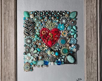 Framed Jewelry Art NEW MEXICO State Shape w/Heart, Turquoise Silver, One-of-a-Kind, Handmade