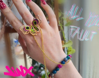 Bague papillon arcane Jinx Hanchain Jinx - breloques inspirées de bijoux avec cristaux naturels (chaîne à la main)