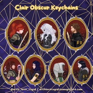 May include: Clair Obscur Keychains featuring portraits of characters in ornate gold frames. The portraits depict individuals with various hairstyles and attire, some holding weapons or objects. The background is a dark blue with a geometric gold pattern. The text "Clair Obscur Keychains" is at the top.
