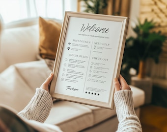 Digital Airbnb Welcome Sign Template | Canva Edit | House Rules & WiFi Info | Printable Vertical Rental Guide | vrbo welcome book templates