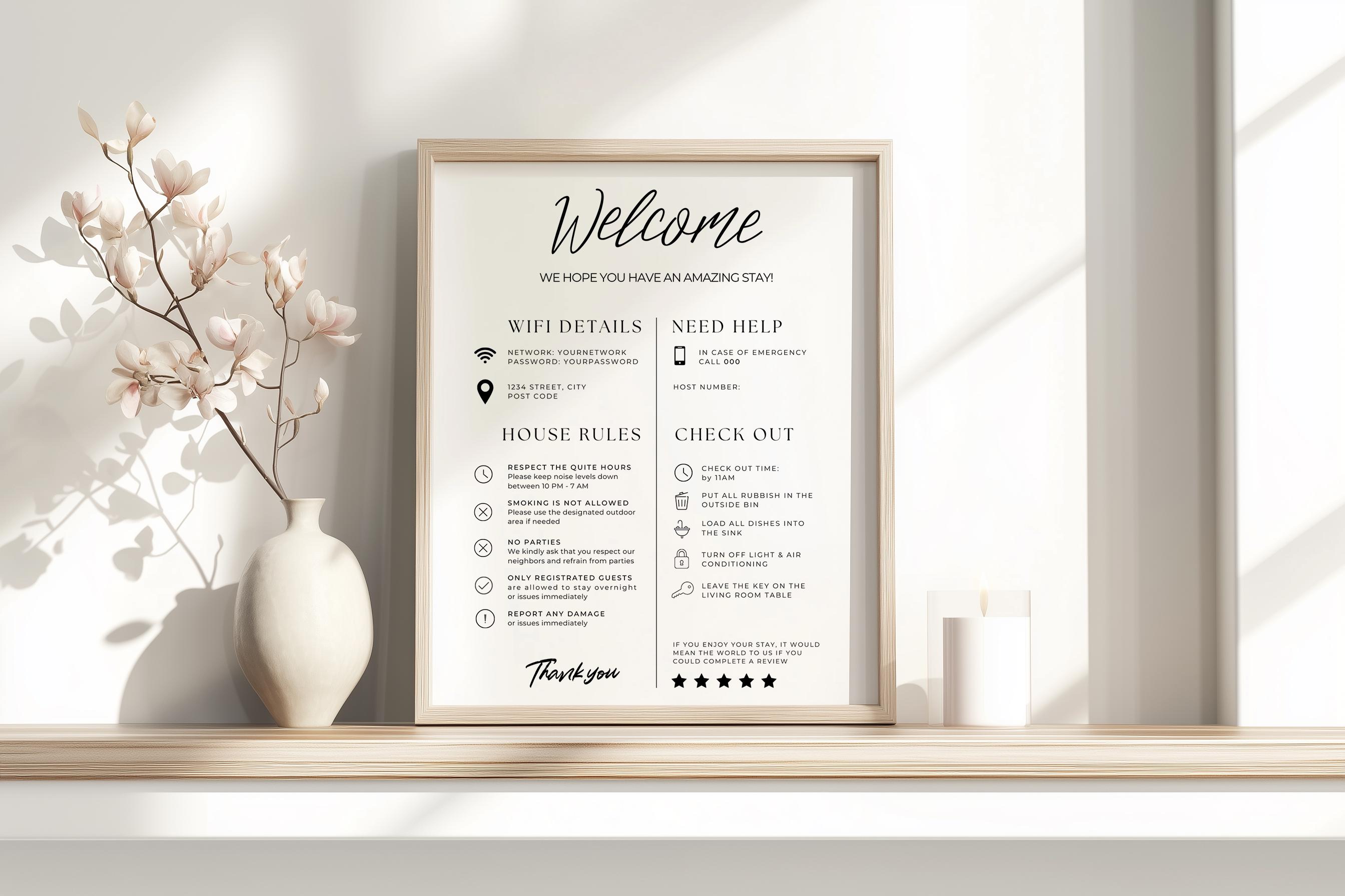 Room. Welcome Sign Paper Digital Airbnb Welcome Sign Template | Canva Edit | House Rules & Wifi ...