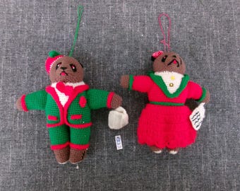 VTG Pair of Stuffed Bears with Books Christmas Ornaments Knitted