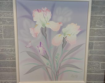 VTG Framed Oil Painting Irises and Butterfly by Langley